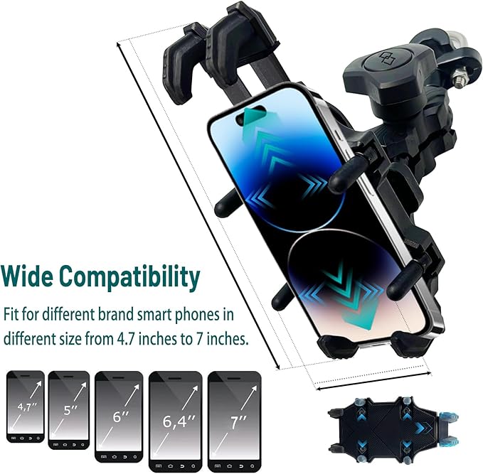 QYMOTO Motorcycle Phone Holder ATV Cell Phone Mount with Vibration Damper,Anti-Shake Sturdy for Handlebar Phone Holder ATV 4 Wheeler Dirt Bike Scooter Quad Fit 4.7"-7.1" Smart Phones 360° Rotation