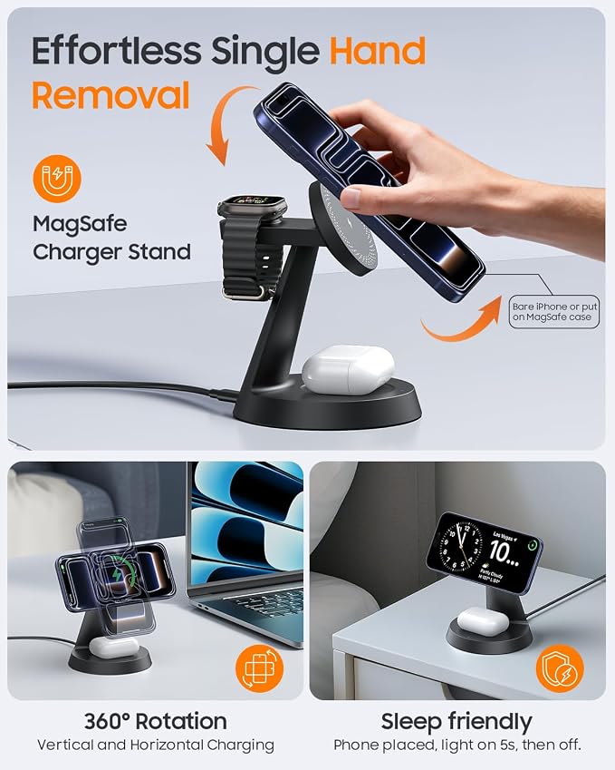 25W Fast Charging Station for MagSafe Charger for iPhone 17/16/S26 Ultra/Pixel 10, 3 in 1 Magnetic Wireless Charger with 45W Adapter Only for iWatch & Earbuds, Charger Stand Dock with Heat Dissipation