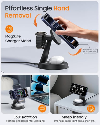 25W Fast Charging Station for MagSafe Charger for iPhone 17/16/S26 Ultra/Pixel 10, 3 in 1 Magnetic Wireless Charger with 45W Adapter Only for iWatch & Earbuds, Charger Stand Dock with Heat Dissipation