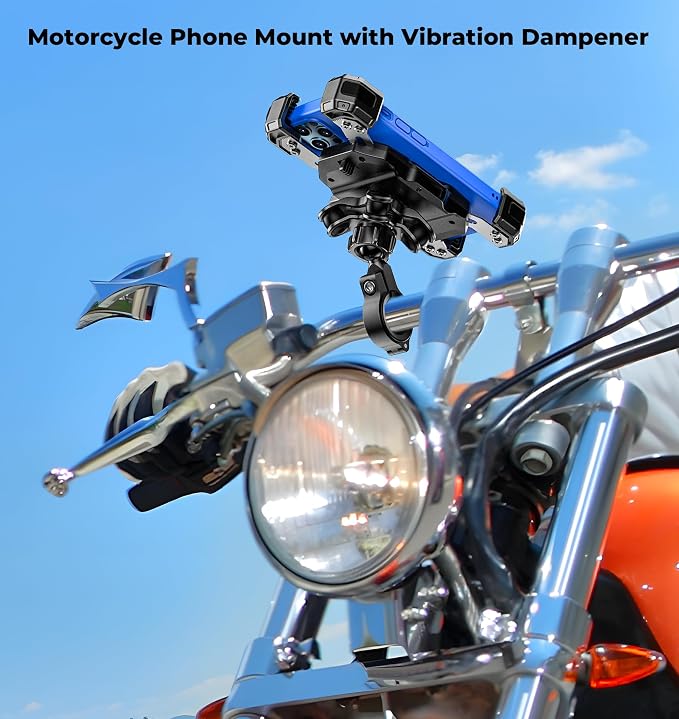 VAZESWIN Motorcycle Phone Mount with Vibration Dampener, 1s Lock Bike Phone Holder with Aluminum Alloy Handlebar Mounting Base, One-Handed Operation Motorcycle Cellphone Mount for 5.5"-7.2" Smartphone