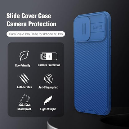 Nillkin for iPhone 16 Pro Case with Slide Camera Cover, [Full Camera Protection][Anti-Scratch] Military-Grade Protection, Anti-Fingerprint, Slim Phone Case for iPhone 16 Pro 6.3'' Blue