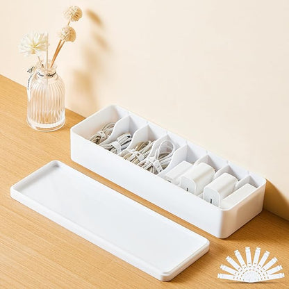 Tatuo 1 Pcs Cord Organizer for Drawer Desktop, Cable Organizer Box with 8 Compartments and Wire Ties, Plastic Charger Storage with Lid, Electronics Case for Home Office Accessories (Small,White)
