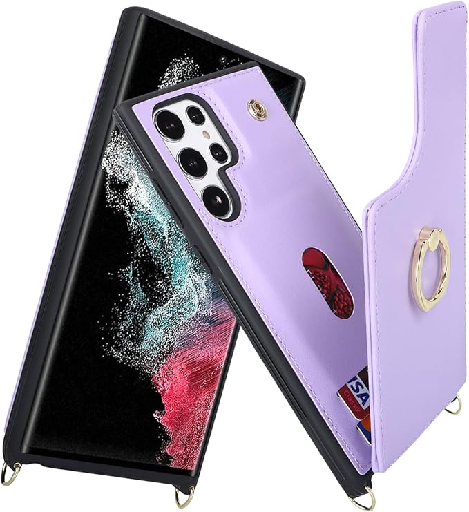 Lipvina for Samsung Galaxy S22 Ultra Case with Card Holder and Strap for Women,Crossbody Lanyard,RFID Blocking,Ring Stand,Snap Clasp,Phone Wallet Cases 6.8 inch(Purple)