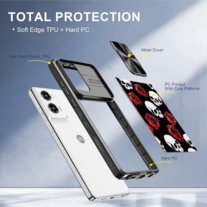 for Motorola Moto G Stylus 5G 2024 Case with Red Rose Skull, Metal Slide Camera Cover, Screen Protector, Anti-Peeping Privacy Safeguard, Camera Lens Protector Phone Case for Moto G Stylus 5G 2024