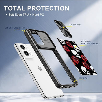 for Motorola Moto G Stylus 5G 2024 Case with Red Rose Skull, Metal Slide Camera Cover, Screen Protector, Anti-Peeping Privacy Safeguard, Camera Lens Protector Phone Case for Moto G Stylus 5G 2024