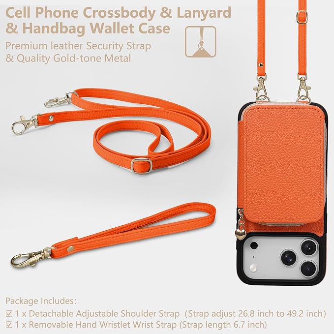 Keallce Case for iPhone 17 Pro Max 6.9'' Case Wallet, Crossbody Zipper Purse with RFID Blocking Card Slots Kickstand, Lanyard & Handstrap Flip Folio Leather Phone Cover for iPhone 17 Pro Max, Orange