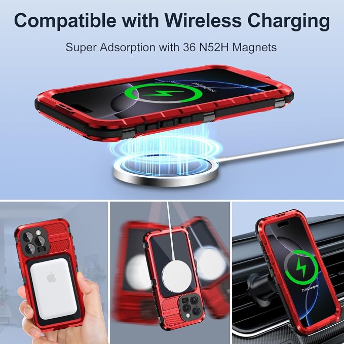 WIFORT for iPhone 16 Pro Waterproof Case - Metal Heavy Duty [Built-in Screen Protector] [14FT Military Shockproof] [Fit for MagSafe], IP68 Full Body Rugged Water Proof Magnetic Cover, 6.3" Red