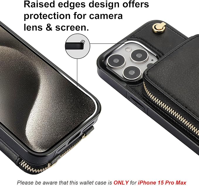 Bocasal for MagSafe Crossbody Wallet Case Compatible with iPhone 15 Pro Max, RFID Blocking Protective Purse Case with Card Slots Holder Kickstand Wrist Strap Lanyard Zipper 6.7 Inch 5G (Black)