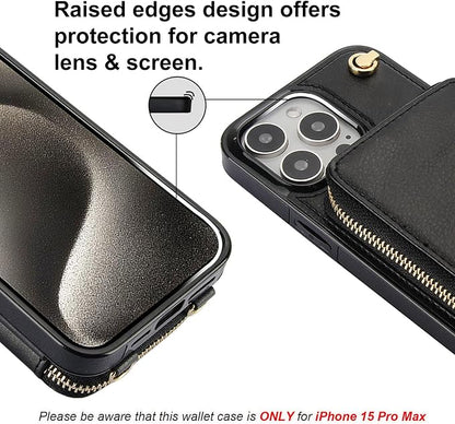 Bocasal for MagSafe Crossbody Wallet Case Compatible with iPhone 15 Pro Max, RFID Blocking Protective Purse Case with Card Slots Holder Kickstand Wrist Strap Lanyard Zipper 6.7 Inch 5G (Black)