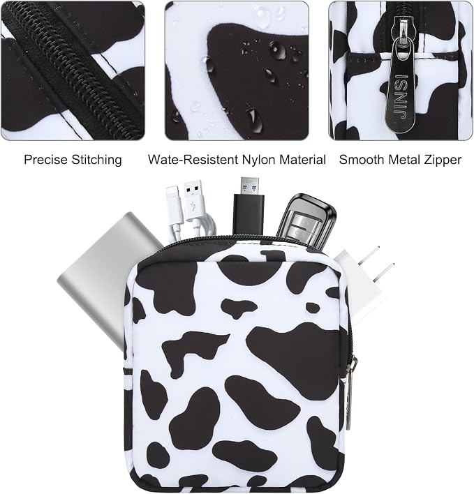 Tech Organizer Pouch, Small Multi-Pocket Electronics Case (Cow) | Water-resistant nylon, foam padding, metal zipper, travel cable bag for charger, power bank, earbuds, SD cards and USB cables