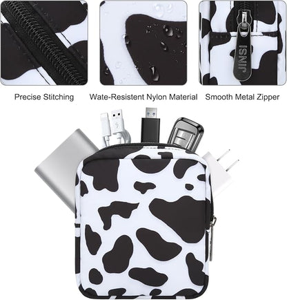 Tech Organizer Pouch, Small Multi-Pocket Electronics Case (Cow) | Water-resistant nylon, foam padding, metal zipper, travel cable bag for charger, power bank, earbuds, SD cards and USB cables