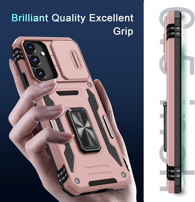 DEERLAMN Case for Samsung Galaxy S25 6.2-Inch with Slide Camera Cover+Screen Protector (1 Pack), Rotated Ring Kickstand Military Grade Shockproof Protective Cover-Rose Gold