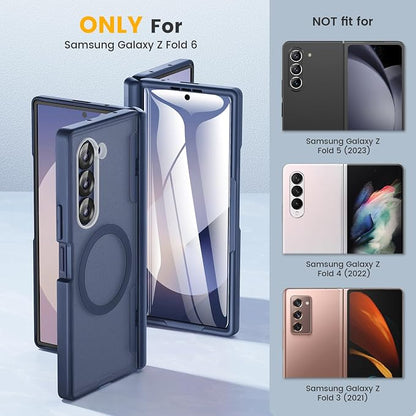 Caka Magnetic for Samsung Galaxy Z Fold 6 Case with Hinge Protection Blue | Compatible with MagSafe, Built-in Outer Screen Protector, Hinge Guard, Translucent Matte Back, 360° Hybrid Drop Defense