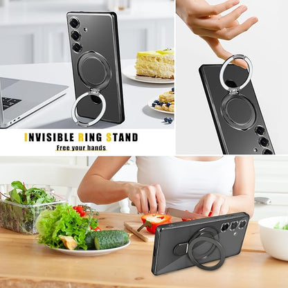 Magnetic Case for Samsung Galaxy S24 Case Stand & Ring Holder Compatible with MagSafe Built-in Camera Lens Protector Shockproof Phone Case for Samsung S24 - Black