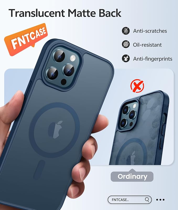 FNTCASE for iPhone 12 Pro Max Case: [Compatible with Magsafe] Translucent Matte Magnetic Phone Cover - Military Grade Drop Protection Shockproof Protective Cases - Blue