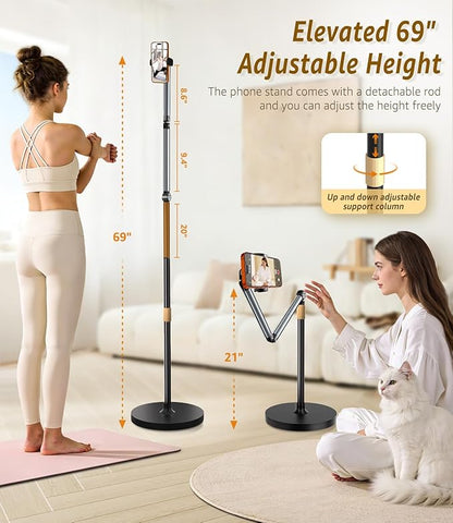 Phone Floor Stand, Cell Phone Stand with Flexible Arm for Bed, 69" Height Adjustable iPhone Stand, Stable Overhead Tripod with 360°Rotatable Phone Holder & Remote for Recording, Sofa, Desk