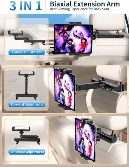 Tablet Holder for Car Headrest, [3 in 1 Adjustable Extension Arm] iPad Car Mount for Back Seat, Road Trip Essentials for Kids, for 4.7-12.9" Like iPad Pro, Air, Mini, Galaxy, Fire HD Tablet