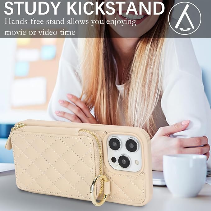 Crossbody Wallet Case for iPhone 14 Pro Max, PU Leather Zipper Handbag Purse Flip Cover, Kickstand Folio Case with Card Slots Holder Wrist Strap Lanyard 5G 6.7 Inch-White