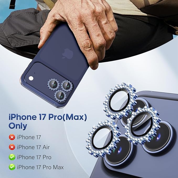 Xfilm for iPhone 17 Pro / 17 Pro Max Camera Lens Protector Gear Bling Diamond, Individual Metal with 9H Hardness, Scratch-Proof Camera Screen Protector, Stylish Accessories, Case Friendly (Blue)