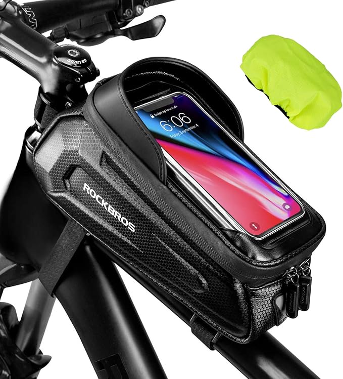 ROCKBROS Bike Phone Mount Frame Bag, Oversized EVA Waterproof Bike Phone Holder Bicycle Top Tube Front Frame Bag Bikes Accessories Gifts Pouch for Phones Under 7.5” (Black-1.7L)