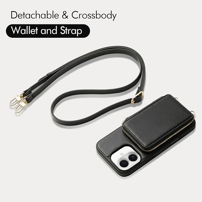 ZVE for iPhone 17 Case Wallet with Crossbody Strap, RFID Blocking Zipper Phone Purse with Card Holder 6.3", Black