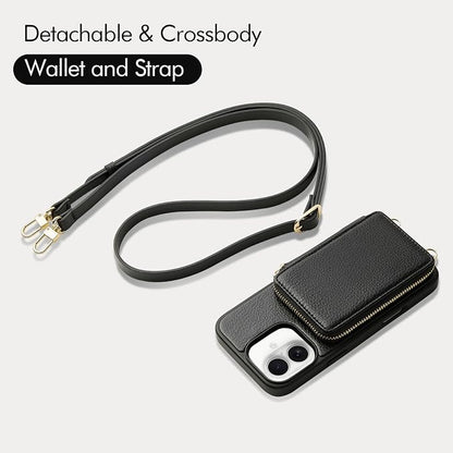 ZVE for iPhone 16 Plus Wallet Case, Zipper Crossbody Case with Credit Card Holder Zipper Wallet Case Wrist Strap for Women for iPhone 16 Plus 6.7" Black