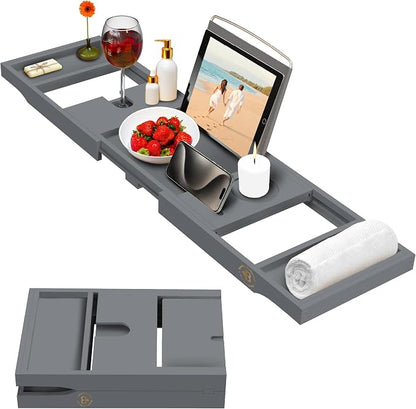Wooden Bathtub Tray - Foldable and Expandable Bamboo Bath Tray for Tub with Wine Holder, Book and Tablet Stand - Bath Caddy Tray for Bathtub, Spa Bath Accessories, Tub Tray Table (Charcoal Gray)