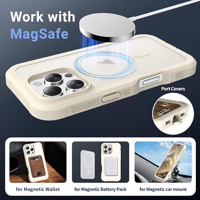 jaroco Magnetic for iPhone 16 Pro Case, [Compatible with MagSafe][Military Grade Drop Protection][Heavy Duty Protection][Non-Slip][Shockproof] 2-Layer Durable Bumper Phone Case 6.3''-Antique White