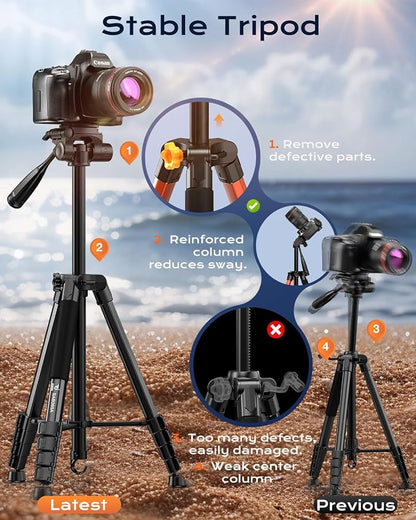 73" Camera Tripod Stand, Aluminum Tripod with Phone Holder, Travel Bag, Compatible with GoPro/DSLR/Cell Phone/Camcorder, Max Load 8.8LB (Black)