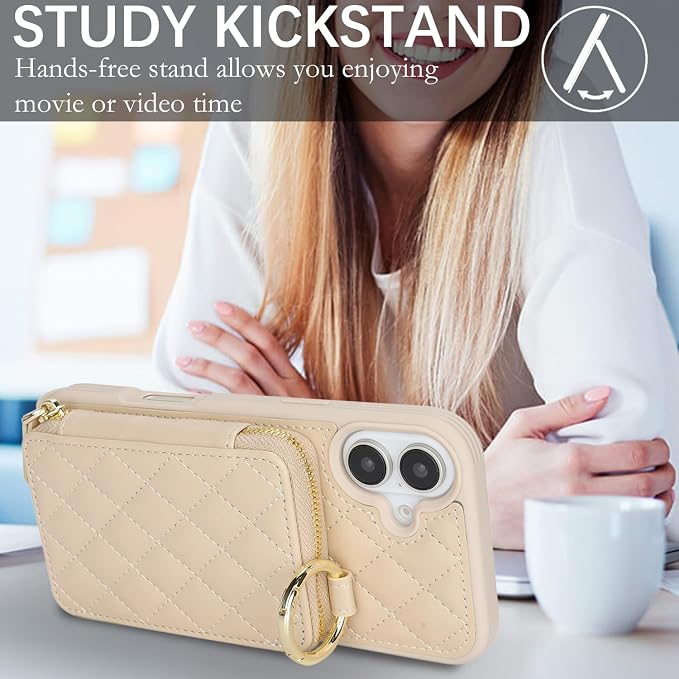 Crossbody Wallet Case for iPhone 17, PU Leather Zipper Handbag Purse Flip Cover, Kickstand Folio Case with Card Slots Holder Wrist Strap Lanyard 5G 6.3 Inch-White