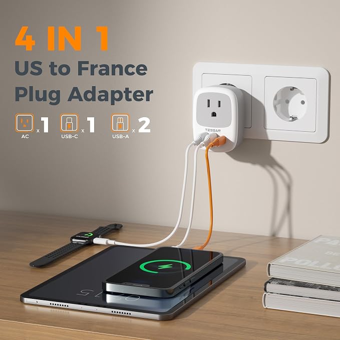TESSAN 3 Pack Type E F Plug Adapter | Spain Adapter Plug, 3 USB Ports (1 USB C), South Korea Outlet Adapter