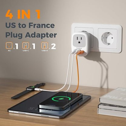 TESSAN 3 Pack Type E F Plug Adapter | Spain Adapter Plug, 3 USB Ports (1 USB C), South Korea Outlet Adapter
