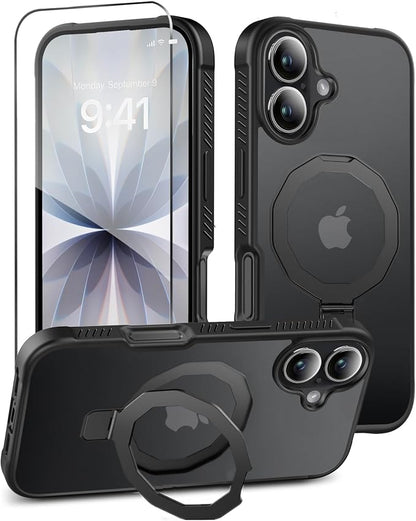 for iPhone 17 Case with Screen Protector, Built-in Seamless Stand, [Compatible with MagSafe] Protective Shockproof Phone Case, Magnetic Slim Cover for iPhone 17 6.3 Inch - Black