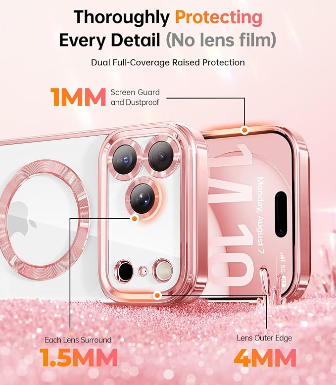 Meifigno Designed for iPhone 17 Pro Magnetic Case with Removable Phone Ring Stand, [Glitter Card & Wrist Strap] [MagSafe Compatible] [Built-in Mirror] Phone Ring Stand + Phone Case Kit, Rose Gold