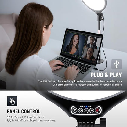 NEEWER Basics 10.5" Desk Ring Light with Stand/Phone Holder/Timer, 3000-6500K Full Screen 15W LED Selfie Panel Lighting for iPhone Recording Streaming Makeup Laptop Webcam Video Conference Zoom, R10