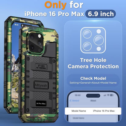 Mitywah Waterproof Case for iPhone 16 Pro Max, Heavy Duty Metal Cover with Built-in Screen Protector, Military Grade Full Body Shockproof Rugged Protective Phone Case 6.9 inch, Camouflage