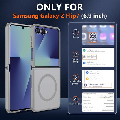 Pilaru for Samsung Galaxy Z Flip 7 case [Compatible with Magsafe] Translucent Matte Magnetic Phone Case,Slim Thin Duty Shockproof Protection Cover with 2pc HD Screen Protector-Gray