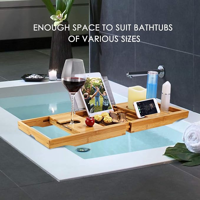Bathtub Caddy Tray, Bamboo Bath Tray Table Extendable Reading Rack Tablet Phone Holder Wine Glass Holder Shelf Desk Bathroom Spa