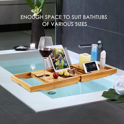 Moclever Bathtub Caddy Trays - Premium Bamboo Bath Trays with Extending Sides, Reading Rack, Tablet Holder, Cell Phone Tray and Luxury Wine Glass Holder - Natural Bamboo Color
