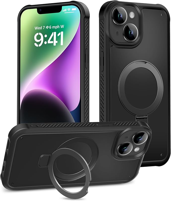 for iPhone 13/14 Case, Built-in Magnetic & Seamless Stand, [Compatible with Magsafe] Protective Shockproof Phone Case, Scratch-Resistant Matte Back Slim Cover for 6.1 Inch - Black