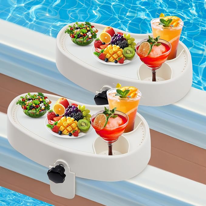Geelin 2 Pcs Hot Tub Table Tray, Adjustable Aboveground Bathtub Tray with 2 Cup Holder, Between 2'' to 7.5'' Nonslip Hot Tub Accessories Shelf Drinks Snacks Phone Holder for Spa Bathtub (Ivory White)