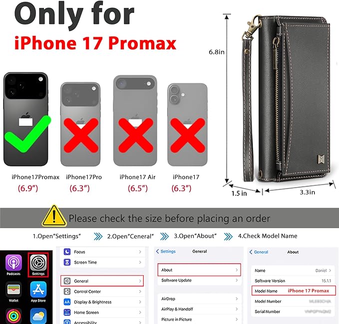 Wallet Case for iPhone 17 Pro Max with Card Holder/Crossbody Wallet/Strap,[RFID Blocking][Magnetic] PU Leather Phone Case for iPhone 17 Pro Max,6.9 in,Black