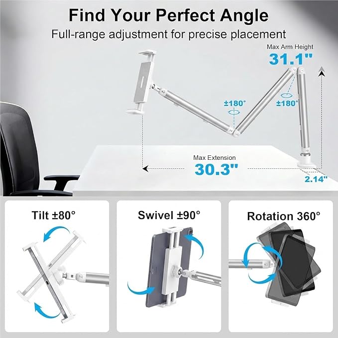 iPad Holder for Desk, Adjustable Tablet Arm iPad Desk Mount with C-Clamp, 30" Foldable Long Arm & 360° Rotation, Fits 4.7"–15.6" iPad Pro/Air/Mini, Phones & 15.6" Portable Monitors for Desk Use, White