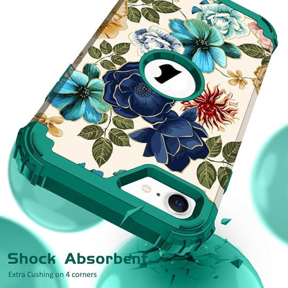 Hocase for iPhone SE 2022/2020 Case, Heavy Duty Shockproof Protection Hard Plastic+Silicone Rubber Hybrid Protective Case for iPhone SE 3rd/2nd Generation (4.7") - Teal Flowers