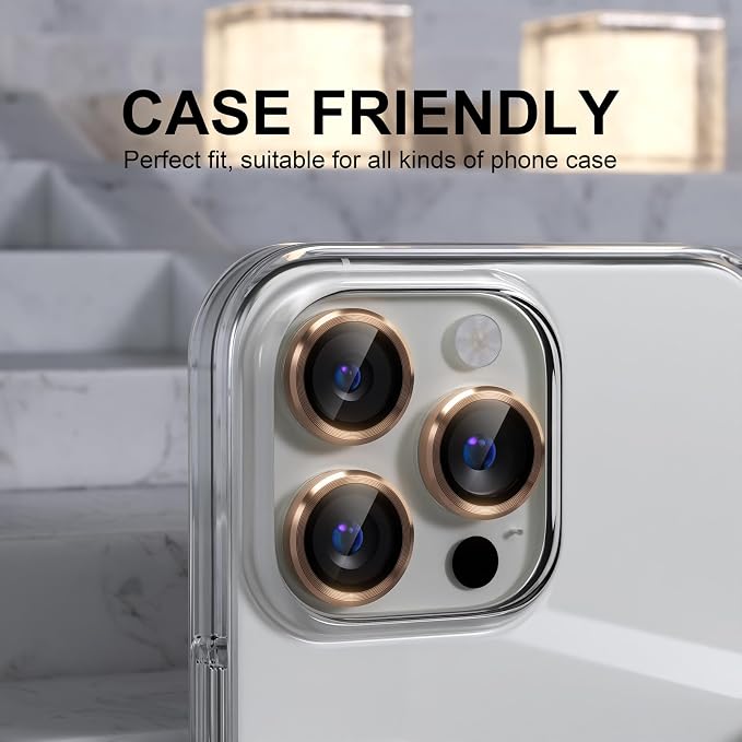 Choiche Compatible for iPhone 16 Pro/iPhone 16 Pro Max Camera Lens Protector, 9H Tempered Glass Camera Cover Screen Protector Metal Ring Decoration Accessories (Gold)