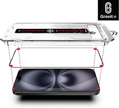Gravit:e Screen Protector for iPhone, 9H Tempered Glass, Smart Installation Tool, Automatic Fine Dust Removal and Camera Protector 2 Pack (iPhone 16)