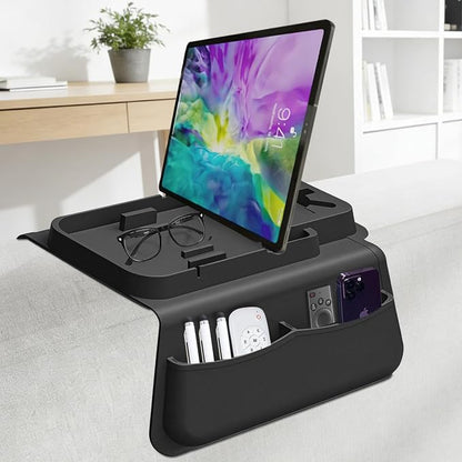 Silicone Couch Cup Holder for Tablet & Phone Stand, Sofa Arm Tray Organizer with Dual Side Pockets for Remotes Snacks Headphones & Glasses Drinks Anti-Slip & Heat Resistant Sofa Caddy (Black)