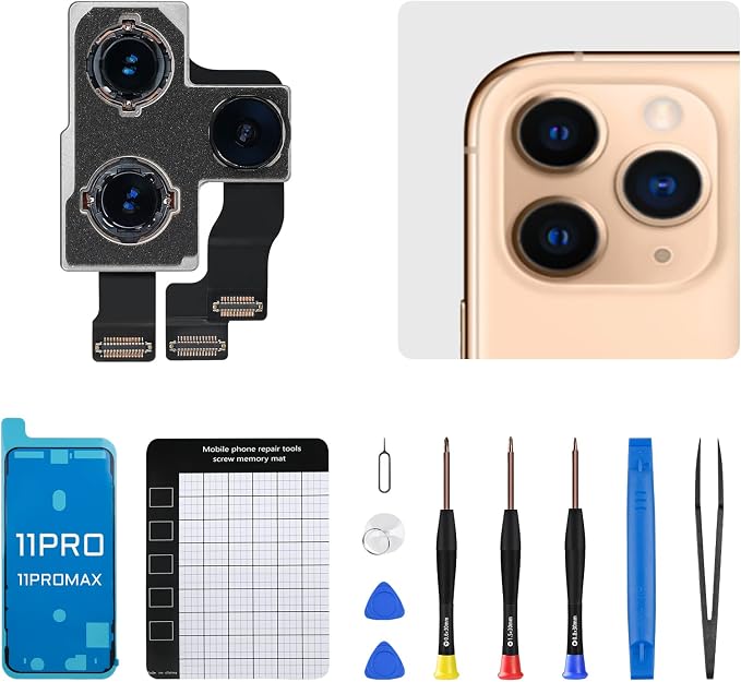 for iPhone 11 Pro Max Back Camera Replacement OEM for iPhone 11 pro Kit 12MP Main Rear Lens Parts with Ultra Wide Telephoto Lens OIS HDR Photos 4K Video Flex Cable Fix Tool A2160 A2217 A2215