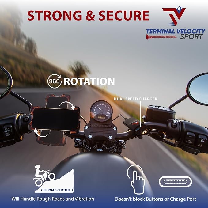 Terminal Velocity Sport - Motorcycle Phone Mount - Bike Cell Phone Holder - Bike Phone Mount, for iPhone & Android - Fits Harley Davidson, eBike, ATV, Bicycle - Incl. Mirror & Rain-Cover. (Blue)