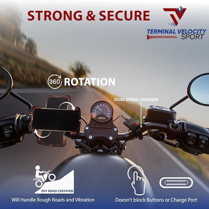 Terminal Velocity Sport - Motorcycle Phone Mount - Bike Cell Phone Holder - Bike Phone Mount, for iPhone & Android - Fits Harley Davidson, eBike, ATV, Bicycle - Incl. Mirror & Rain-Cover. (Blue)